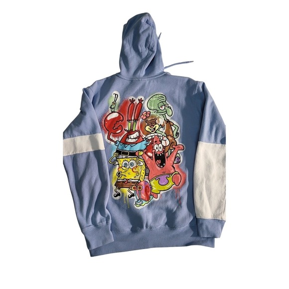 Y2K SpongeBob SquarePants Hoodie Pullover Graphic Print 99 Blue White Size M - Picture 4 of 8